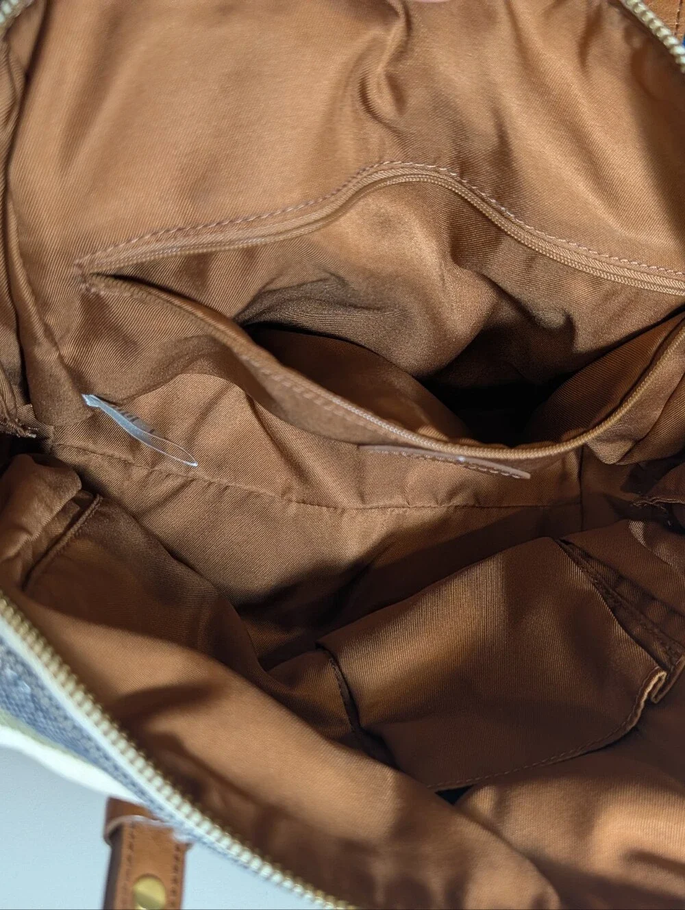 Fossil Striped Canvas Satchel with Tan Leather Accents